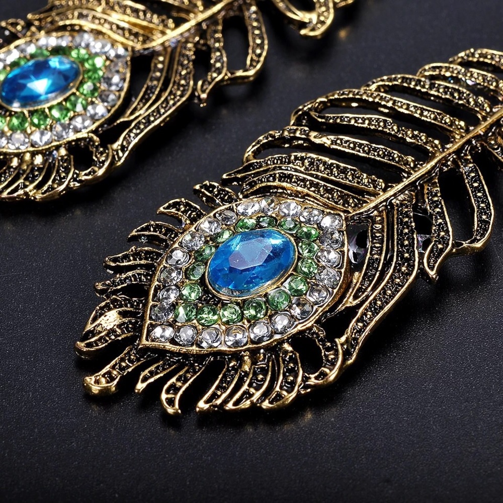 Rhinestone Peacock Eye Feather Boho Gold Earrings - Picture 5 of 11